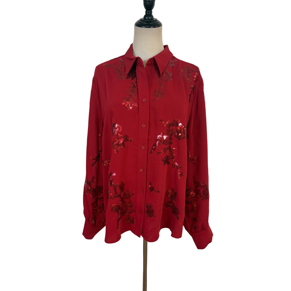 Nwt Chico's Red button up blouse top sequin Sz 2.5 L Hoilday, Event party Career